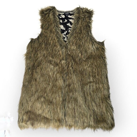 XOXO Vest Faux Fur Front Brown Leopard Sweater Knit Back Women's Medium Boho 70s - Picture 10 of 10